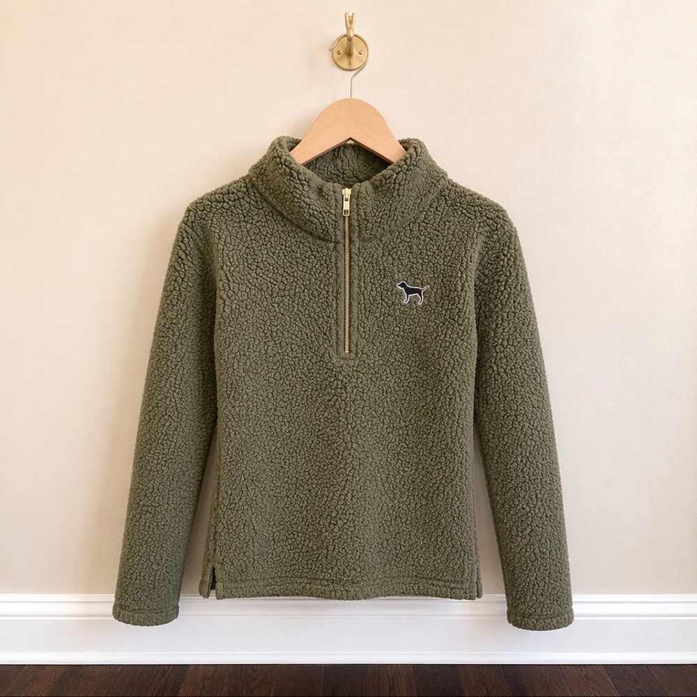 Victoria's Secret PINK Sherpa Fleece Quarter Zip Pullover Olive Green XS